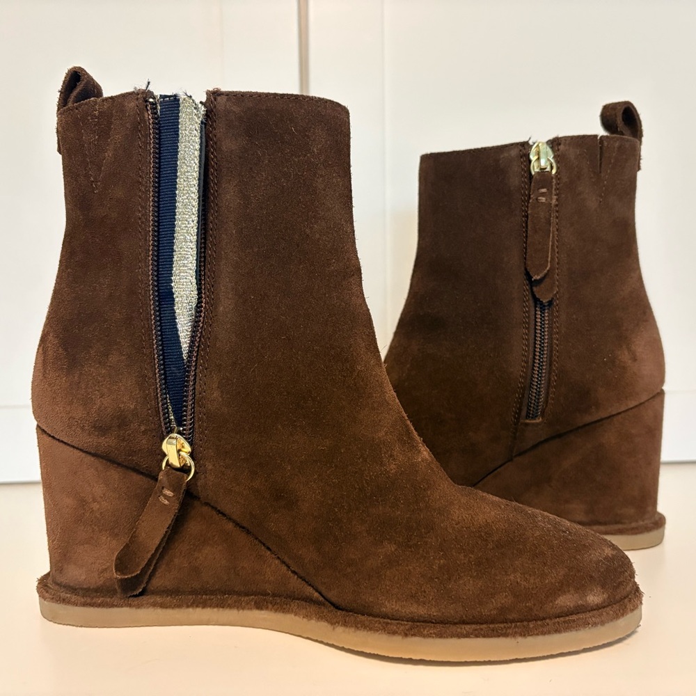 Boden chocolate suede wedge booties, size 36